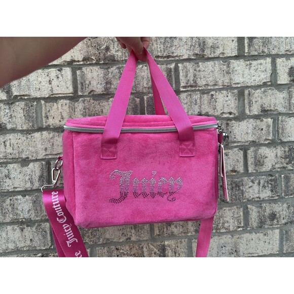 Juicy Couture Velour Cooler Bag Rhinestone Logo Insulated Lunch Tote NWT Pink - Picture 1 of 6